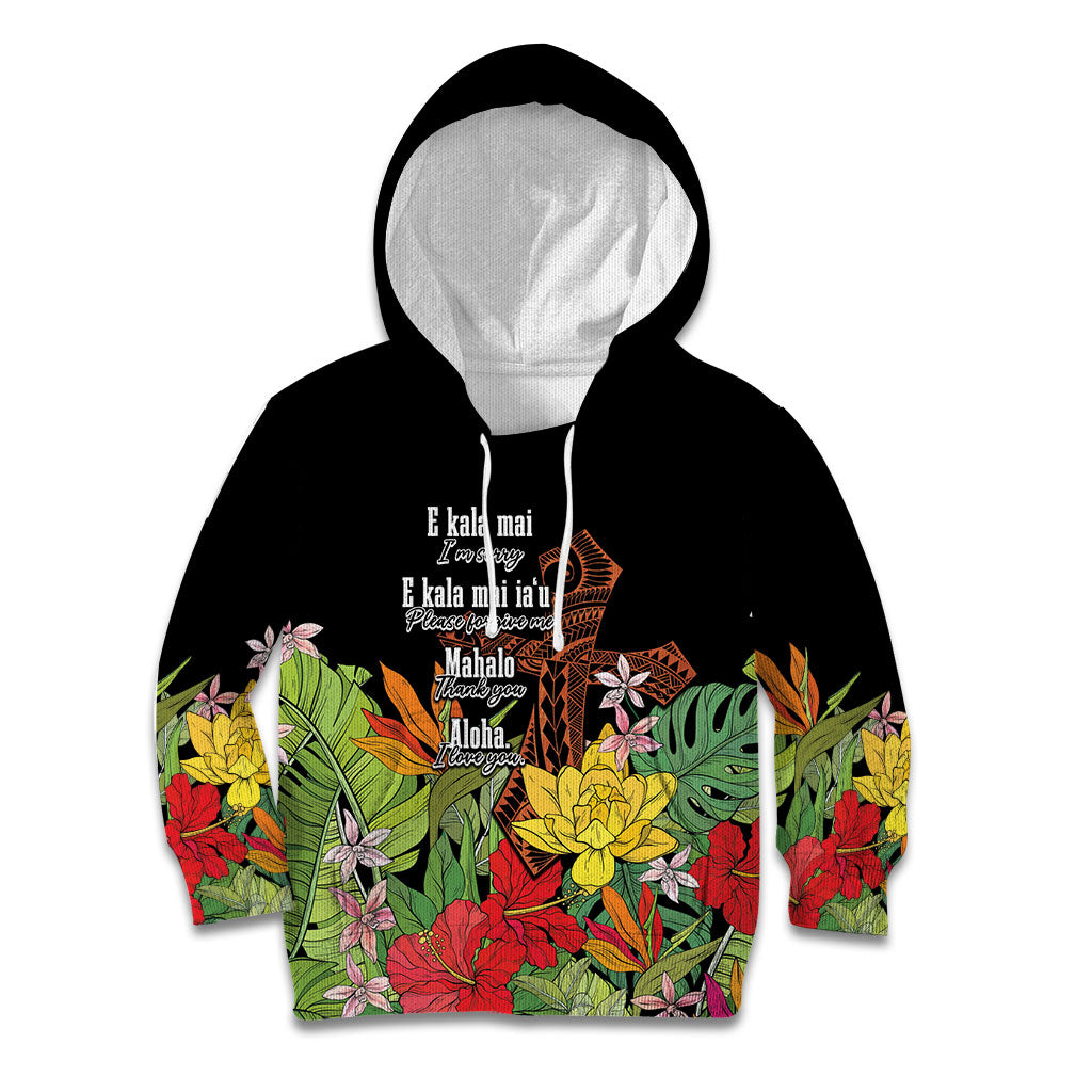Mahalo Hawaii Ho'oponopono Pule Kid Hoodie Polynesian Pattern Cross