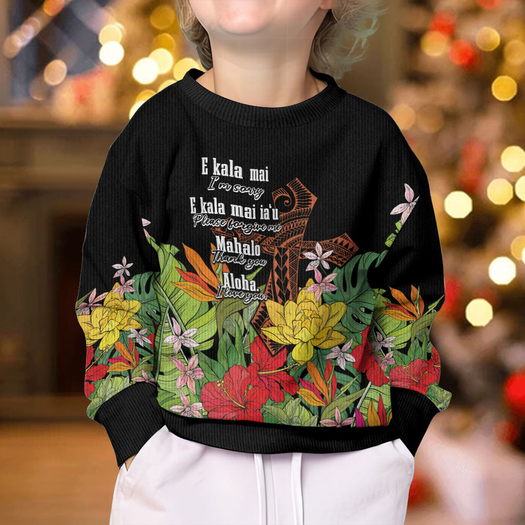 Mahalo Hawaii Ho'oponopono Pule Kid Ugly Christmas Sweater Polynesian Pattern Cross