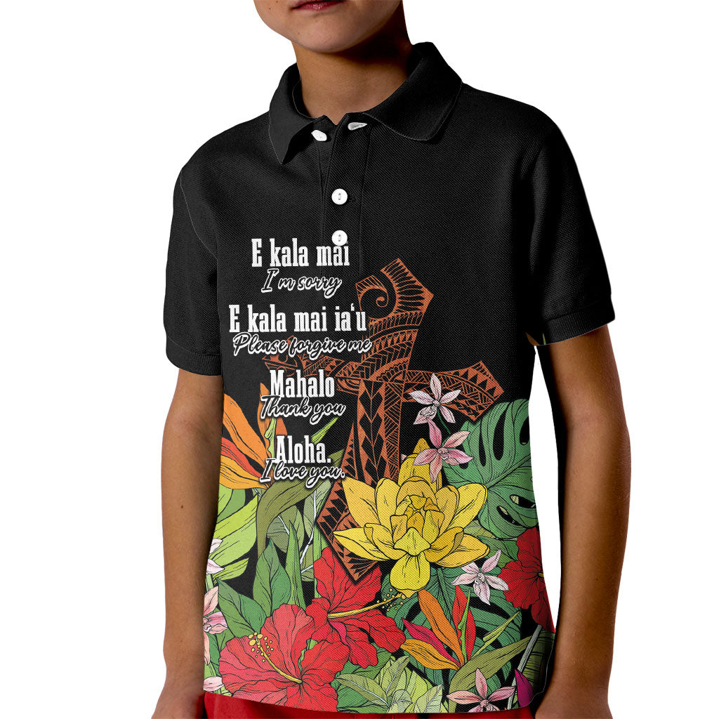 Mahalo Hawaii Ho'oponopono Pule Kid Polo Shirt Polynesian Pattern Cross