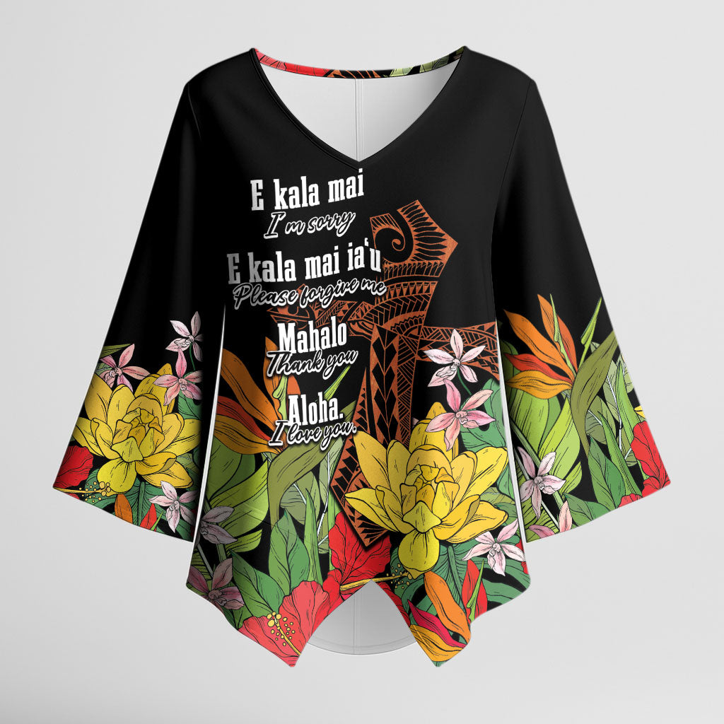 Mahalo Hawaii Ho'oponopono Pule Kimono Sleeve Blouse Polynesian Pattern Cross