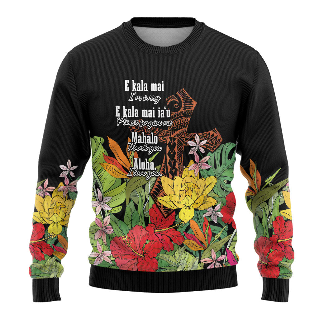 Mahalo Hawaii Ho'oponopono Pule Ugly Christmas Sweater Polynesian Pattern Cross