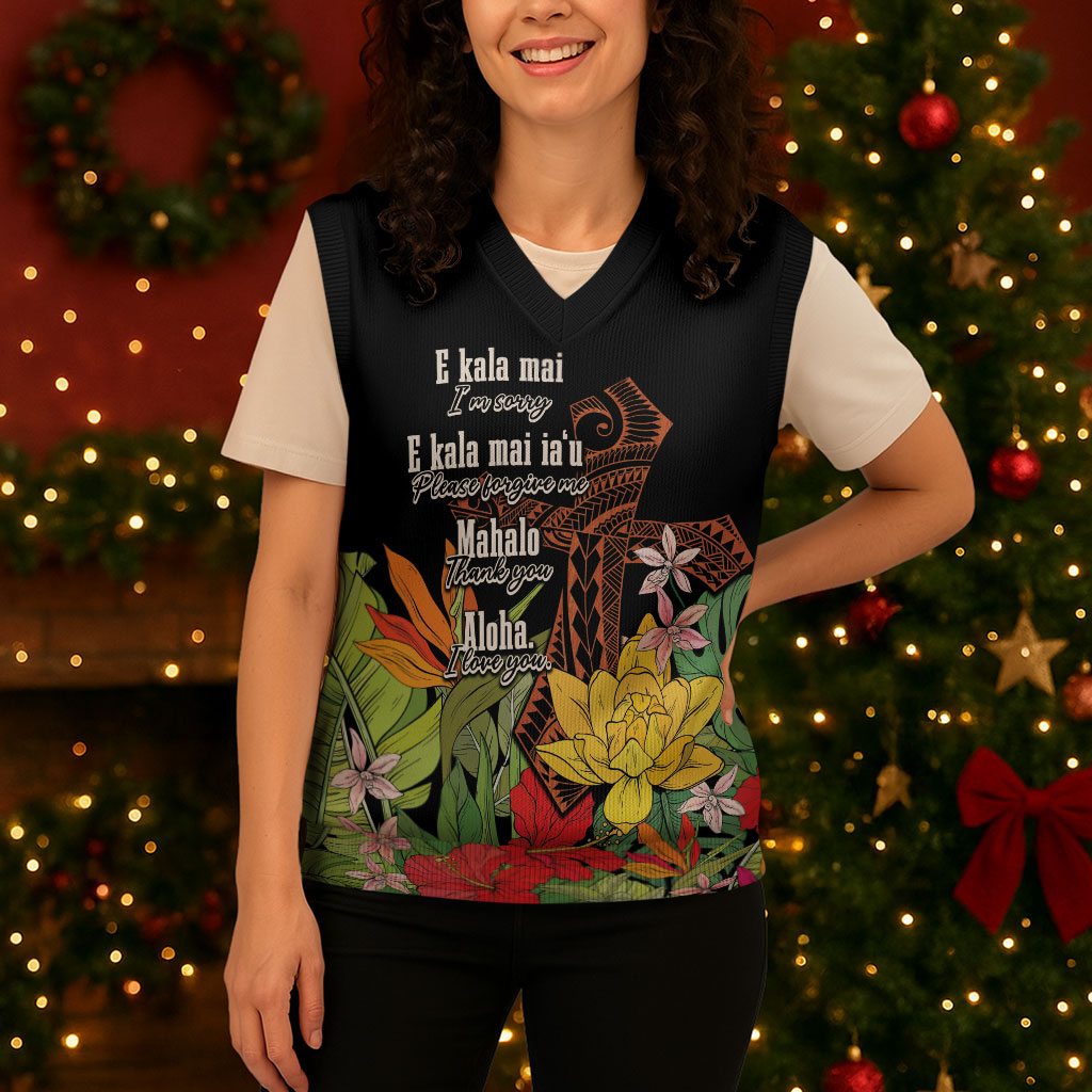 Mahalo Hawaii Ho'oponopono Pule Christmas Knitted V-Neck Vest Polynesian Pattern Cross