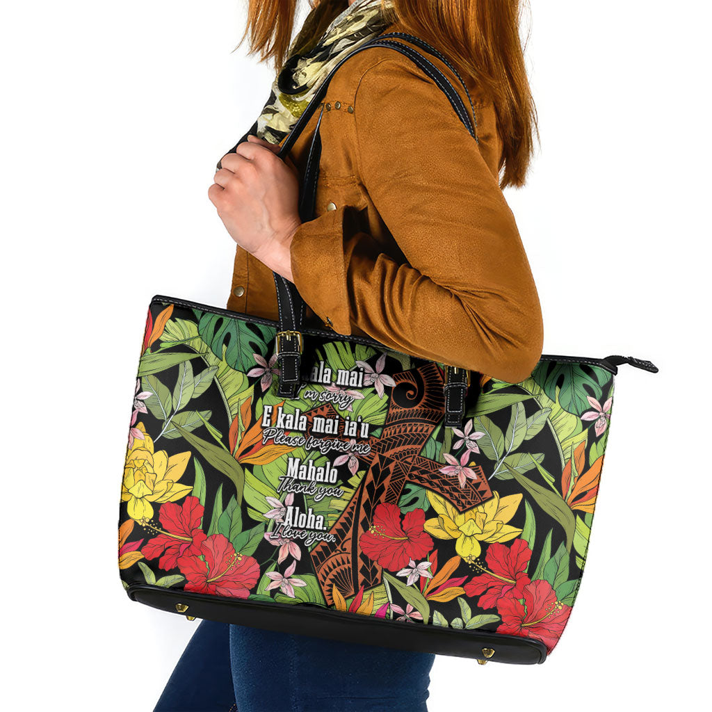 Mahalo Hawaii Ho'oponopono Pule Leather Tote Bag Polynesian Pattern Cross