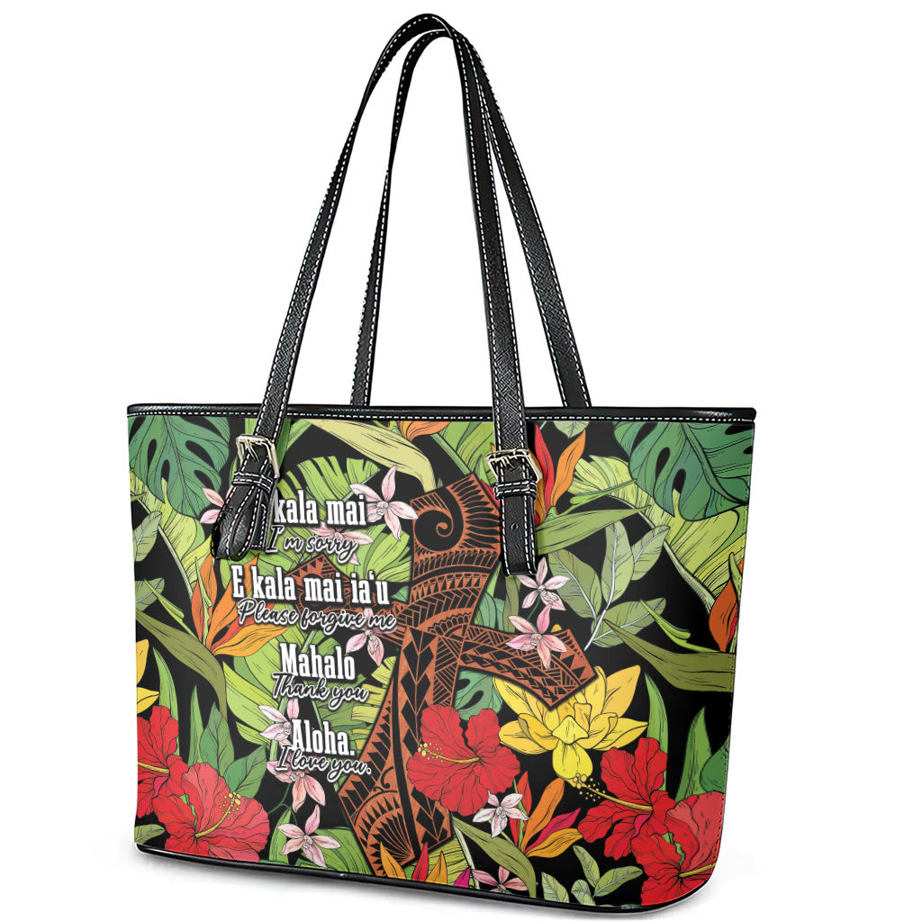 Mahalo Hawaii Ho'oponopono Pule Leather Tote Bag Polynesian Pattern Cross