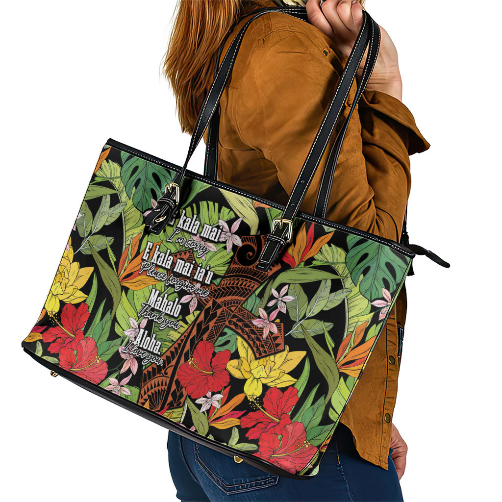 Mahalo Hawaii Ho'oponopono Pule Leather Tote Bag Polynesian Pattern Cross
