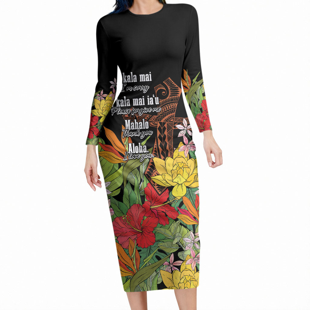 Mahalo Hawaii Ho'oponopono Pule Long Sleeve Bodycon Dress Polynesian Pattern Cross