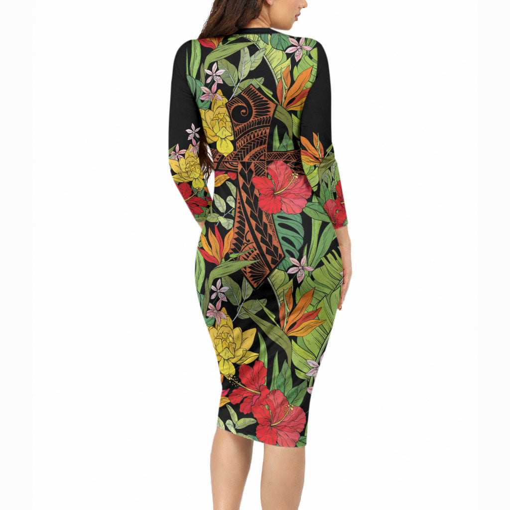 Mahalo Hawaii Ho'oponopono Pule Long Sleeve Bodycon Dress Polynesian Pattern Cross