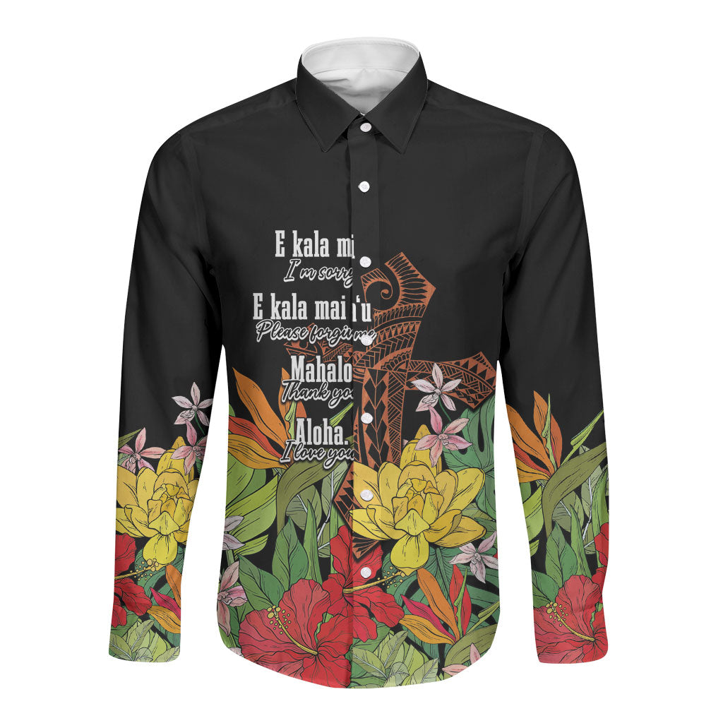 Mahalo Hawaii Ho'oponopono Pule Long Sleeve Button Shirt Polynesian Pattern Cross