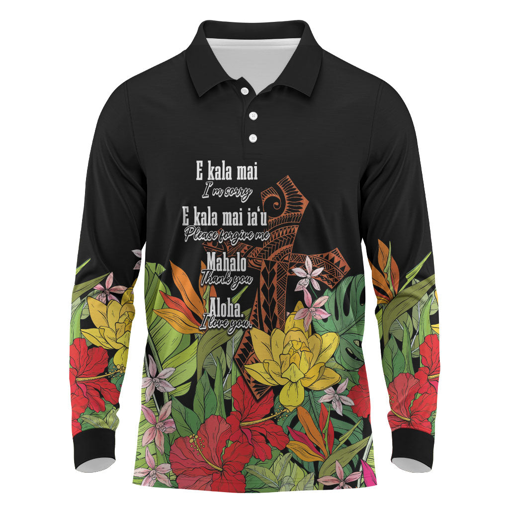 Mahalo Hawaii Ho'oponopono Pule Long Sleeve Polo Shirt Polynesian Pattern Cross