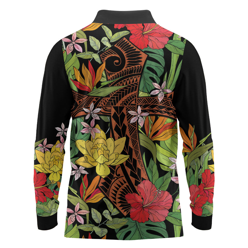 Mahalo Hawaii Ho'oponopono Pule Long Sleeve Polo Shirt Polynesian Pattern Cross
