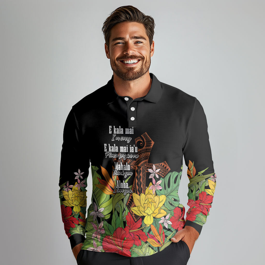 Mahalo Hawaii Ho'oponopono Pule Long Sleeve Polo Shirt Polynesian Pattern Cross