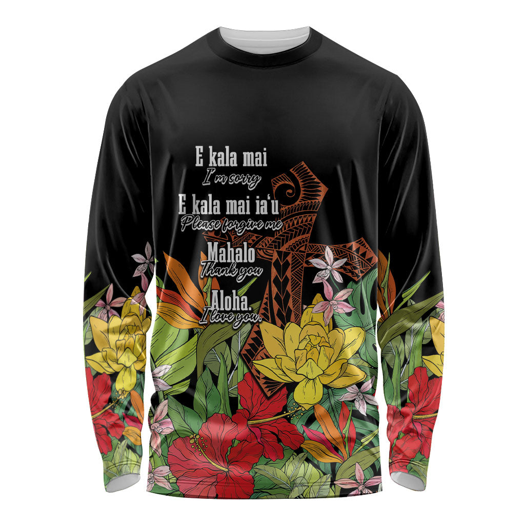 Mahalo Hawaii Ho'oponopono Pule Long Sleeve Shirt Polynesian Pattern Cross