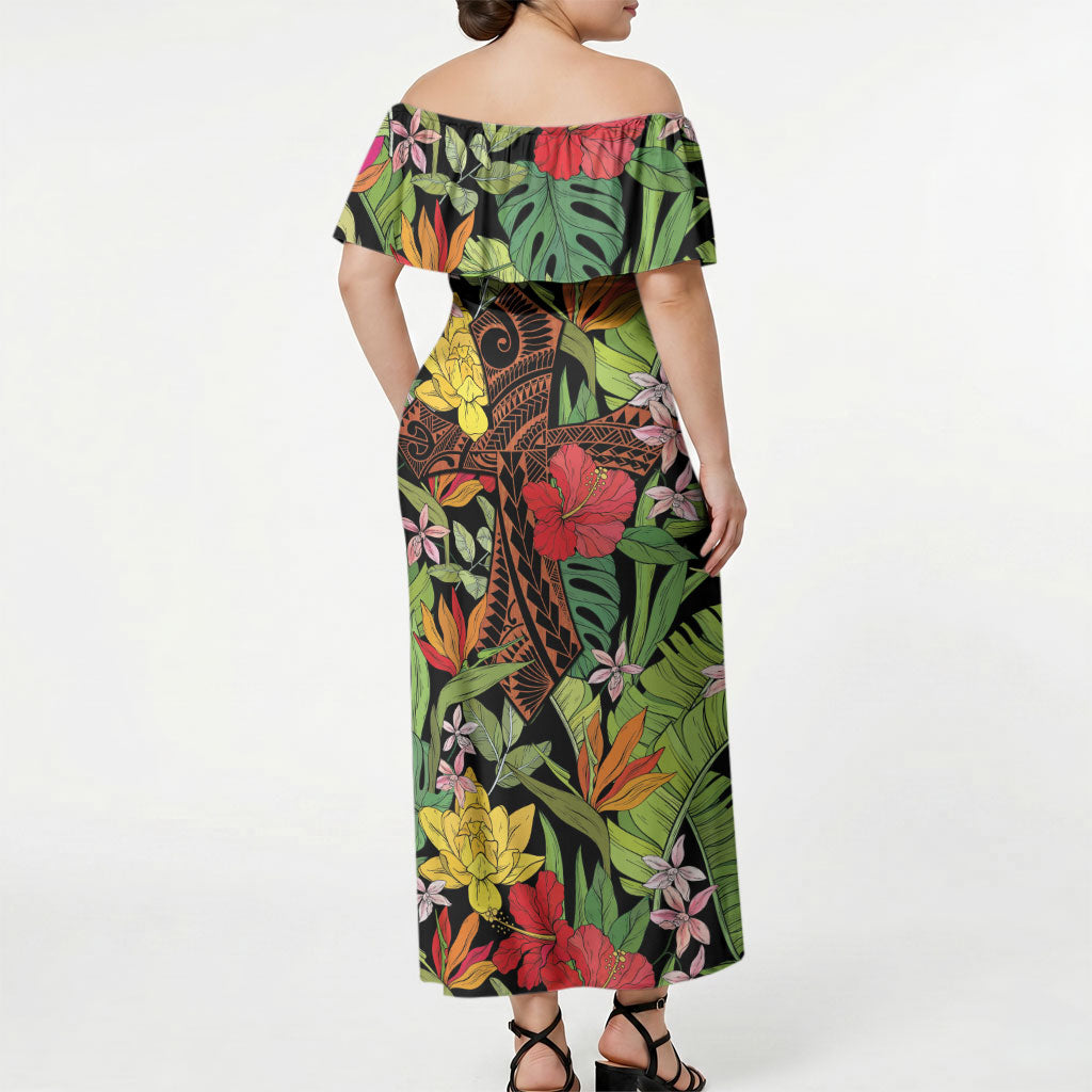 Mahalo Hawaii Ho'oponopono Pule Off Shoulder Maxi Dress Polynesian Pattern Cross