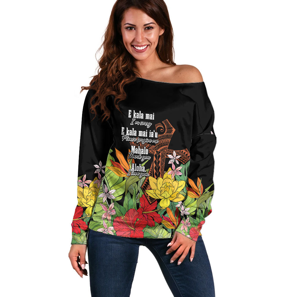 Mahalo Hawaii Ho'oponopono Pule Off Shoulder Sweater Polynesian Pattern Cross
