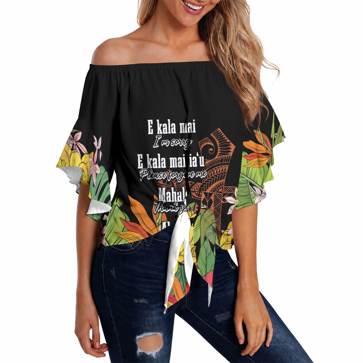 Mahalo Hawaii Ho'oponopono Pule Off Shoulder Wrap Waist Top Polynesian Pattern Cross