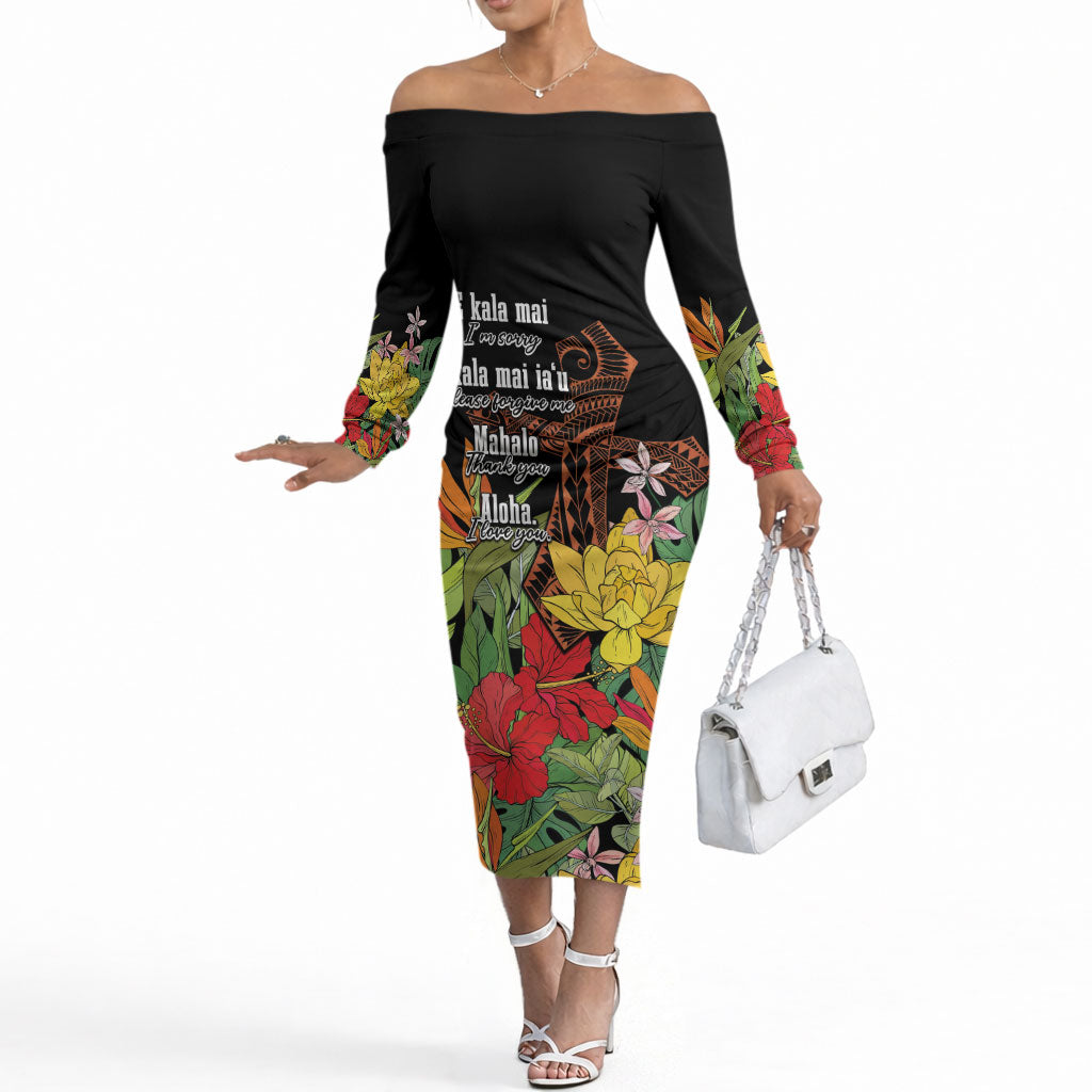Mahalo Hawaii Ho'oponopono Pule Off The Shoulder Long Sleeve Dress Polynesian Pattern Cross