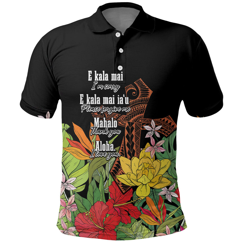 Mahalo Hawaii Ho'oponopono Pule Polo Shirt Polynesian Pattern Cross