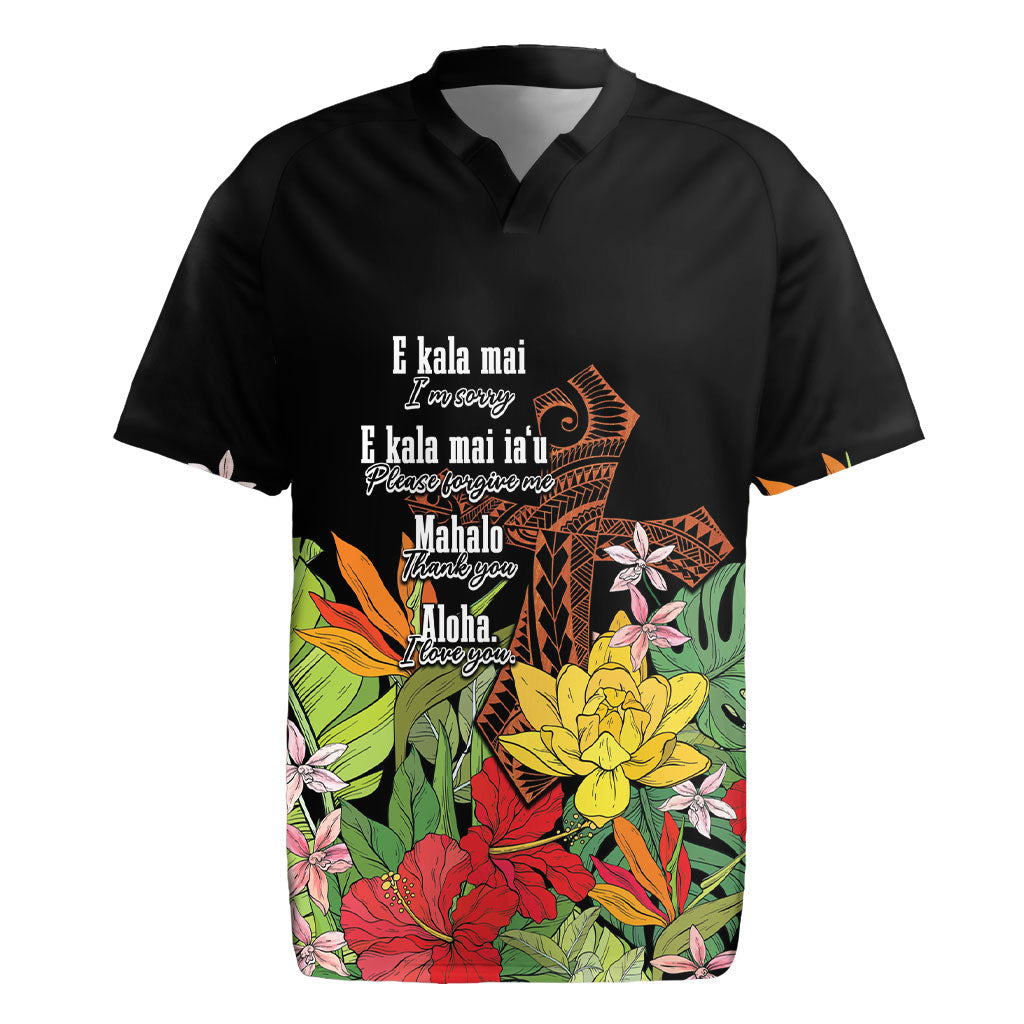 Mahalo Hawaii Ho'oponopono Pule Rugby Jersey Polynesian Pattern Cross
