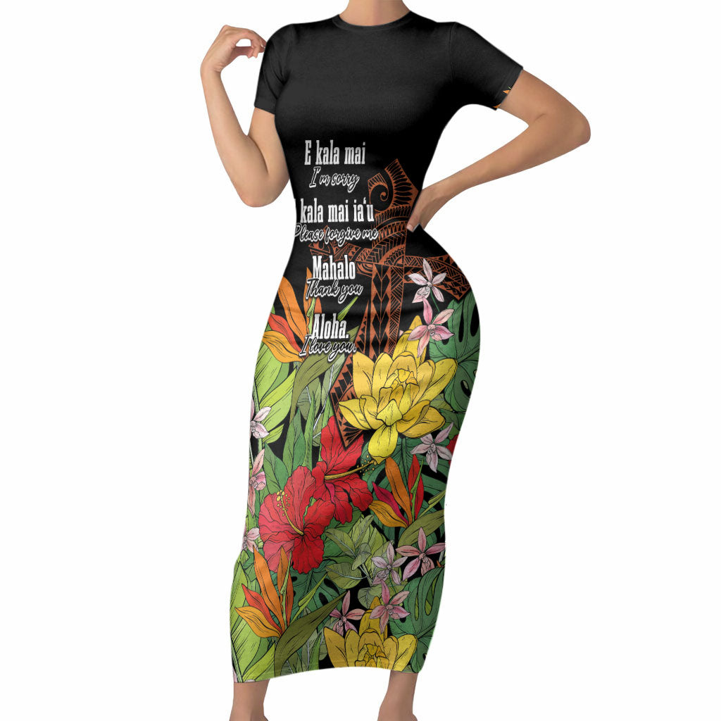 Mahalo Hawaii Ho'oponopono Pule Short Sleeve Bodycon Dress Polynesian Pattern Cross