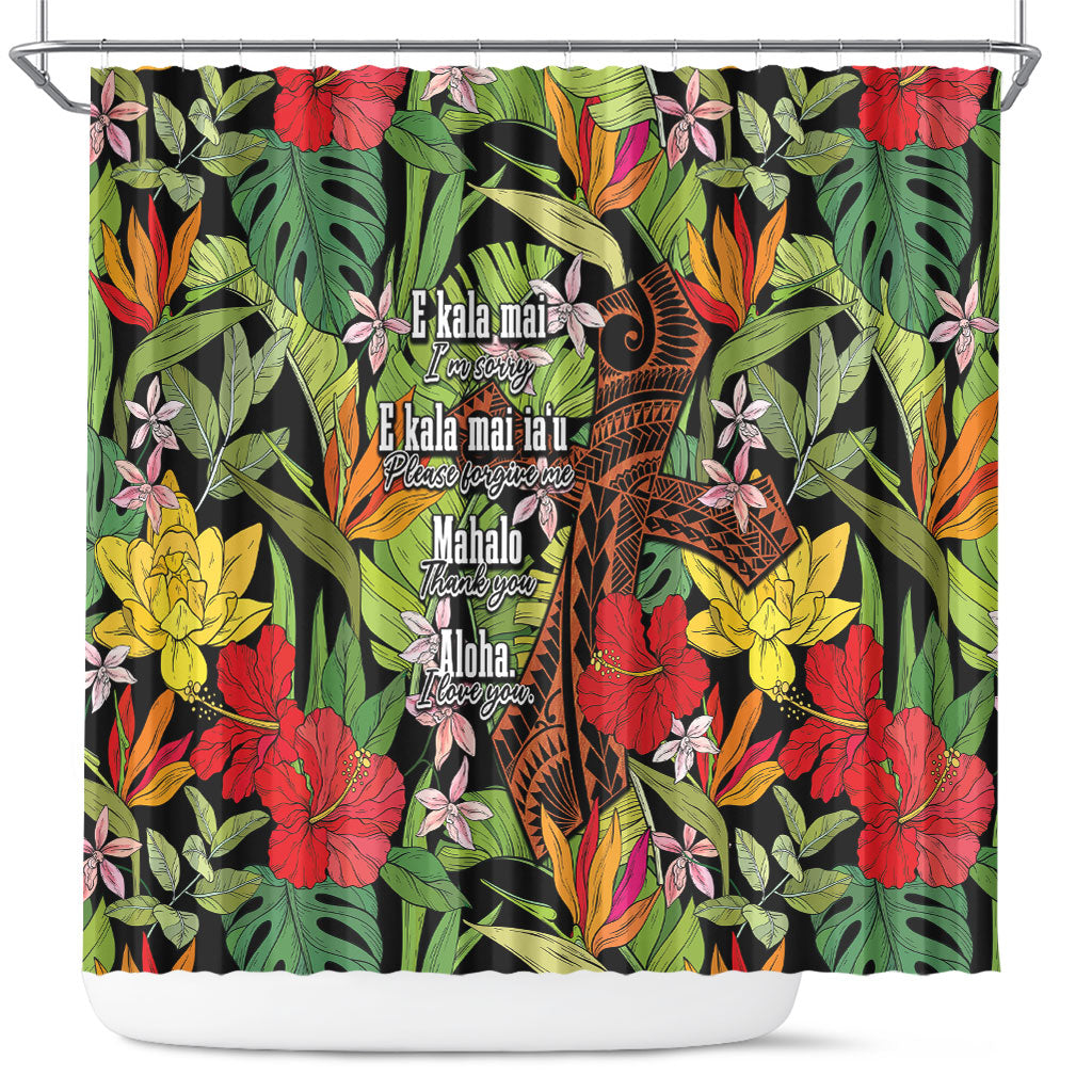 Mahalo Hawaii Ho'oponopono Pule Shower Curtain Polynesian Pattern Cross