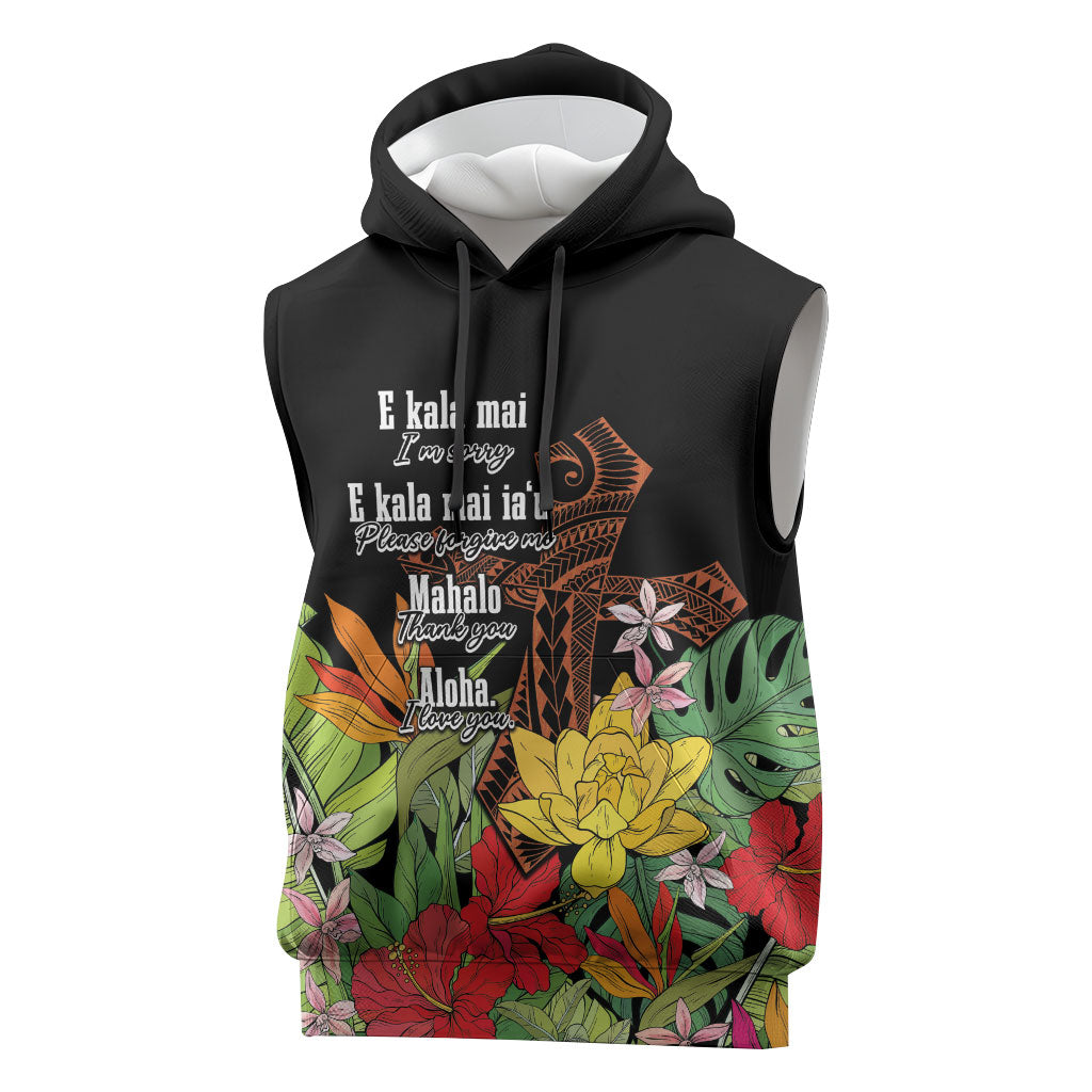 Mahalo Hawaii Ho'oponopono Pule Sleeveless Hoodie Polynesian Pattern Cross