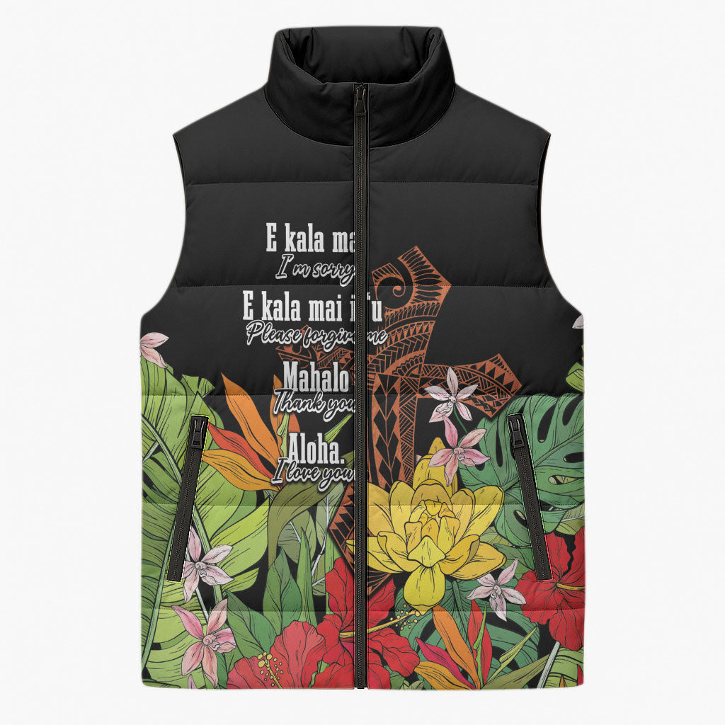 Mahalo Hawaii Ho'oponopono Pule Sleeveless Puffer Jacket Polynesian Pattern Cross
