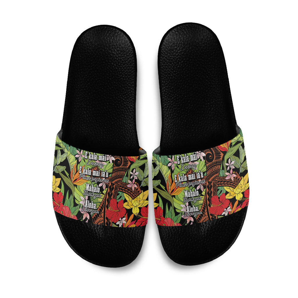 Mahalo Hawaii Ho'oponopono Pule Slide Sandals Polynesian Pattern Cross