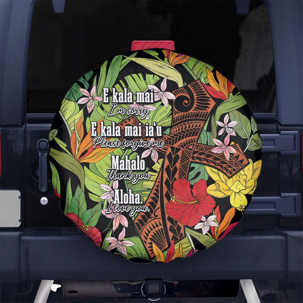 Mahalo Hawaii Ho'oponopono Pule Spare Tire Cover Polynesian Pattern Cross