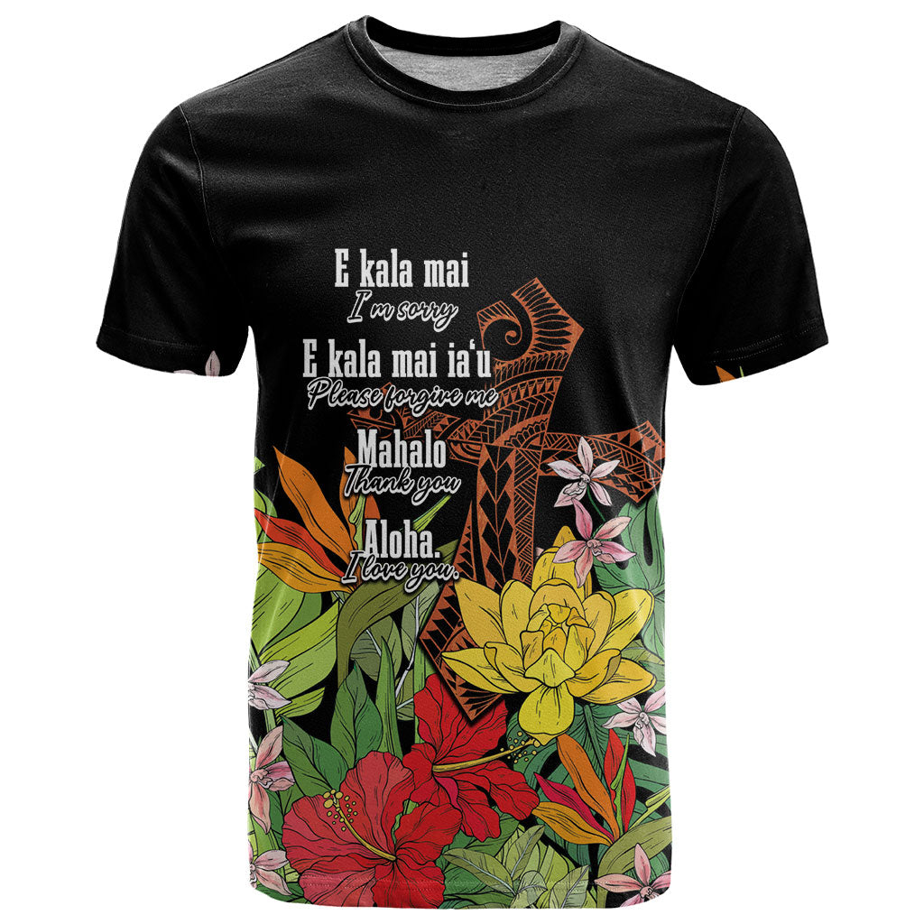 Mahalo Hawaii Ho'oponopono Pule T Shirt Polynesian Pattern Cross
