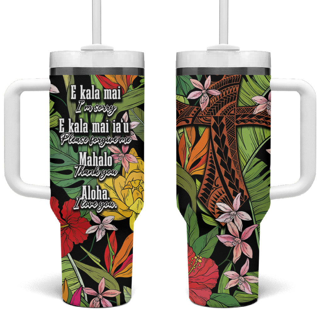 Mahalo Hawaii Ho'oponopono Pule Tumbler With Handle Polynesian Pattern Cross