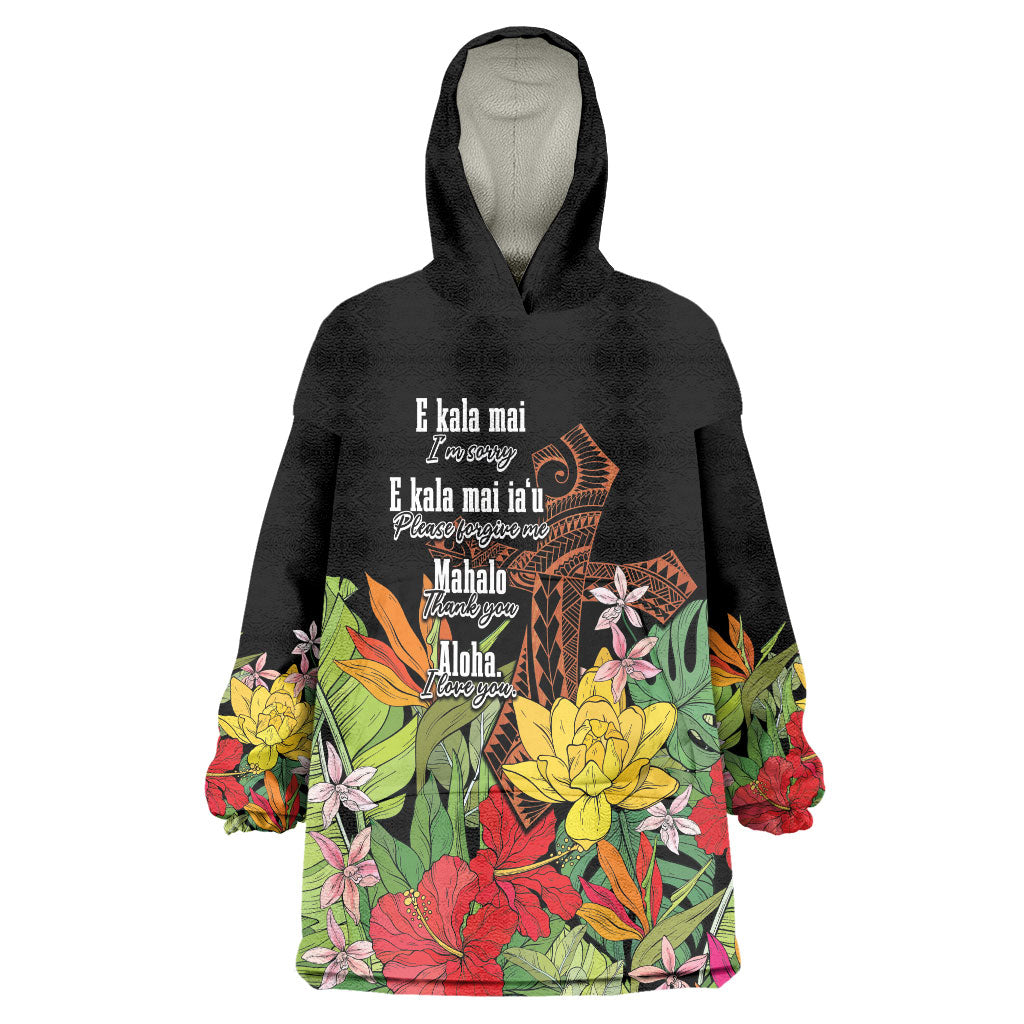 Mahalo Hawaii Ho'oponopono Pule Wearable Blanket Hoodie Polynesian Pattern Cross