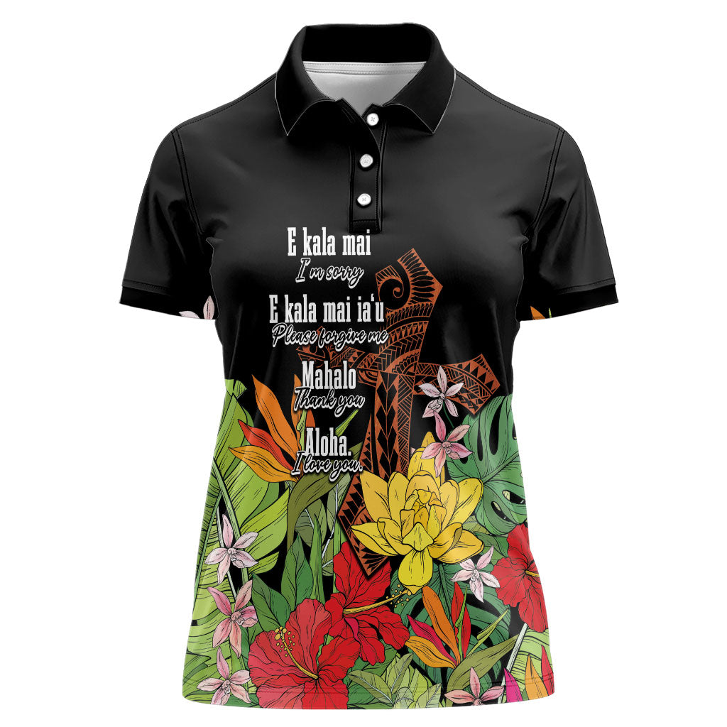 Mahalo Hawaii Ho'oponopono Pule Women Polo Shirt Polynesian Pattern Cross