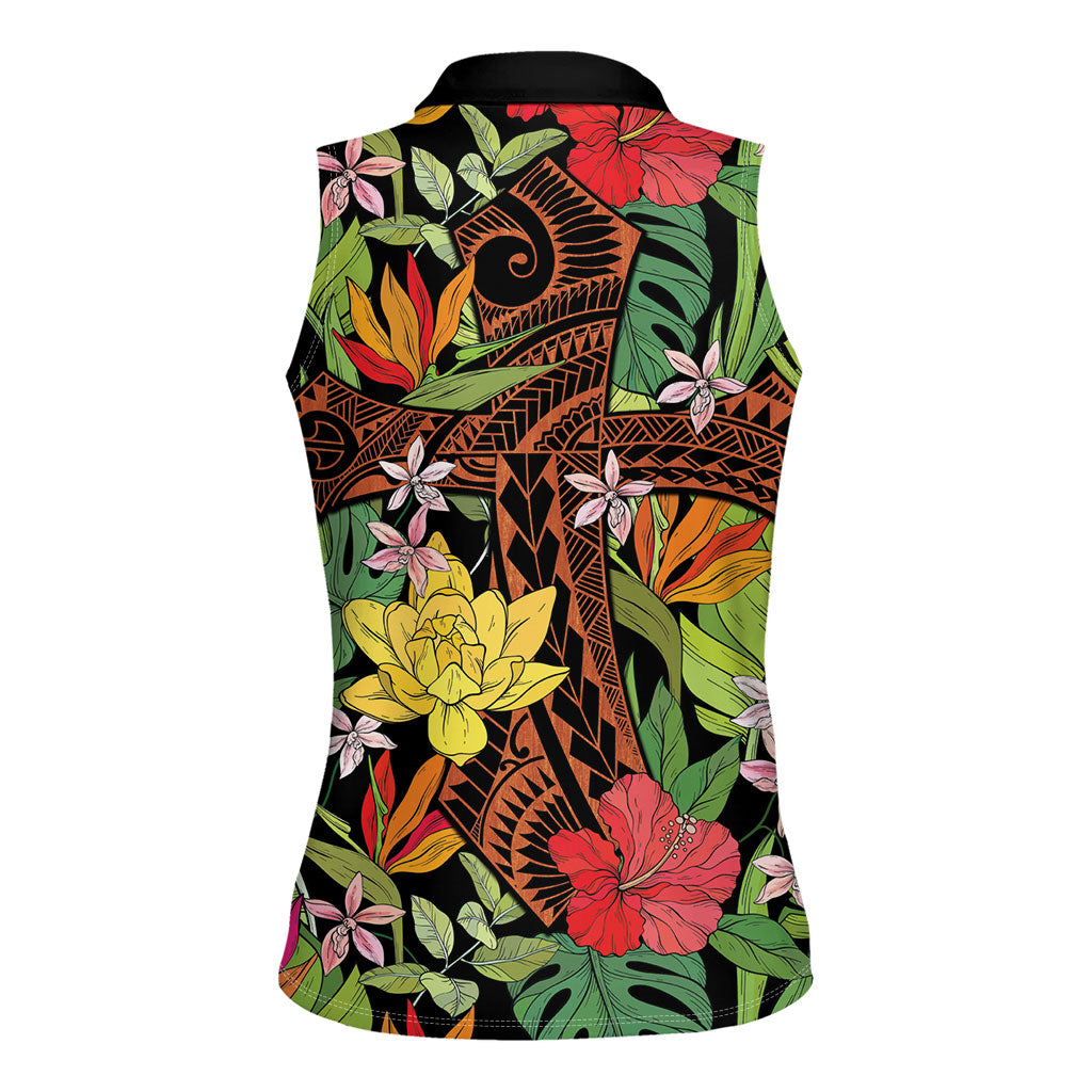 Mahalo Hawaii Ho'oponopono Pule Women Sleeveless Polo Shirt Polynesian Pattern Cross