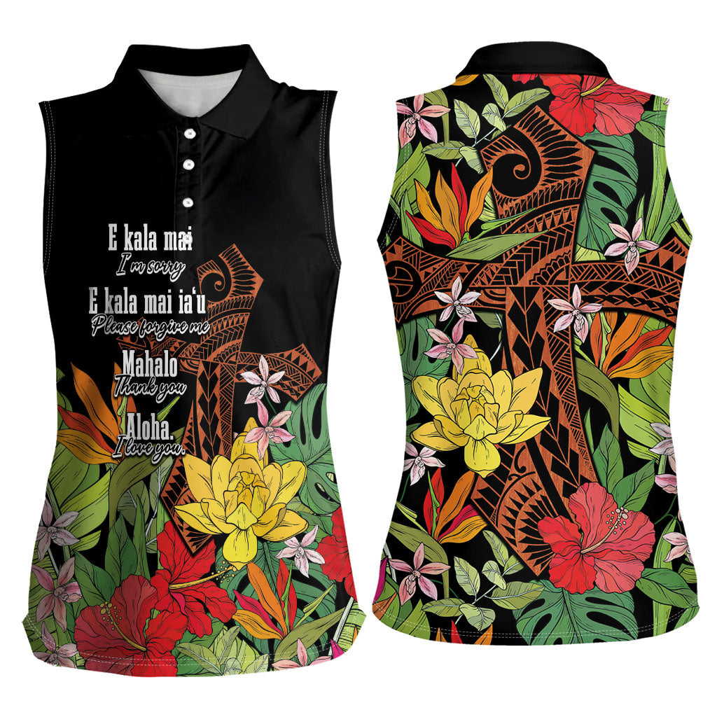 Mahalo Hawaii Ho'oponopono Pule Women Sleeveless Polo Shirt Polynesian Pattern Cross