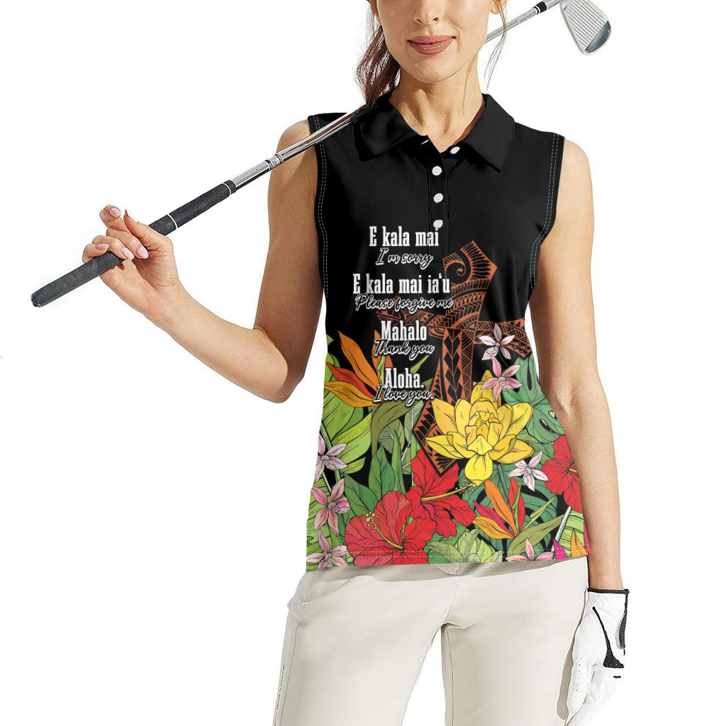 Mahalo Hawaii Ho'oponopono Pule Women Sleeveless Polo Shirt Polynesian Pattern Cross