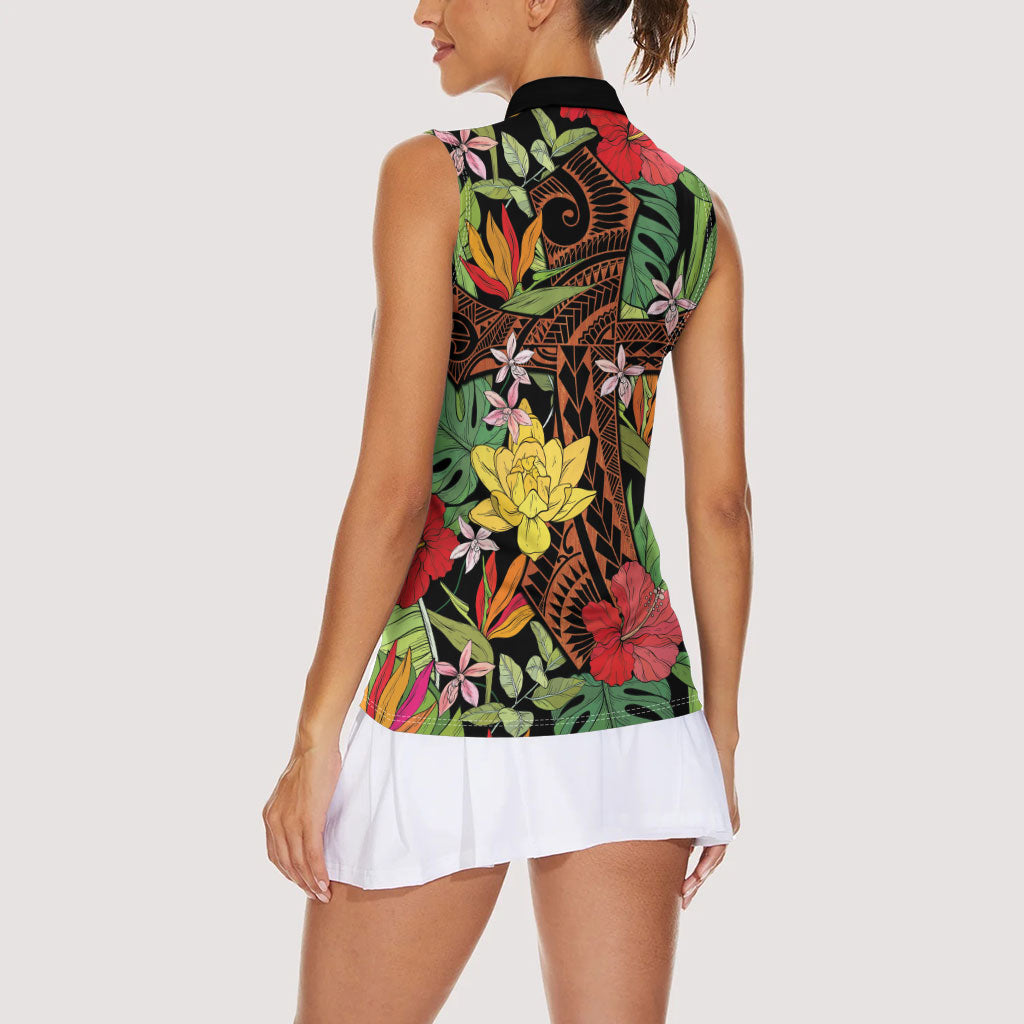 Mahalo Hawaii Ho'oponopono Pule Women Sleeveless Polo Shirt Polynesian Pattern Cross
