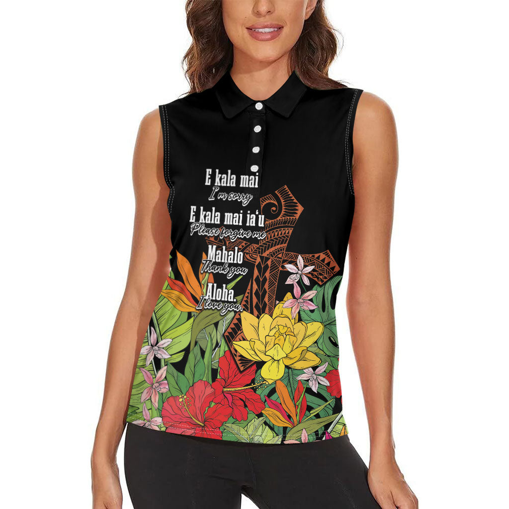 Mahalo Hawaii Ho'oponopono Pule Women Sleeveless Polo Shirt Polynesian Pattern Cross