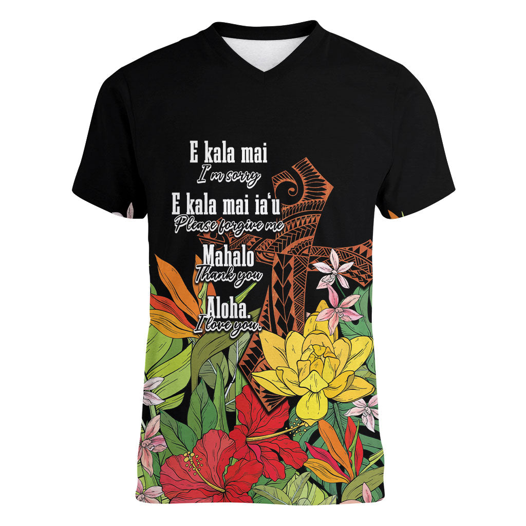 Mahalo Hawaii Ho'oponopono Pule Women V-Neck T-Shirt Polynesian Pattern Cross