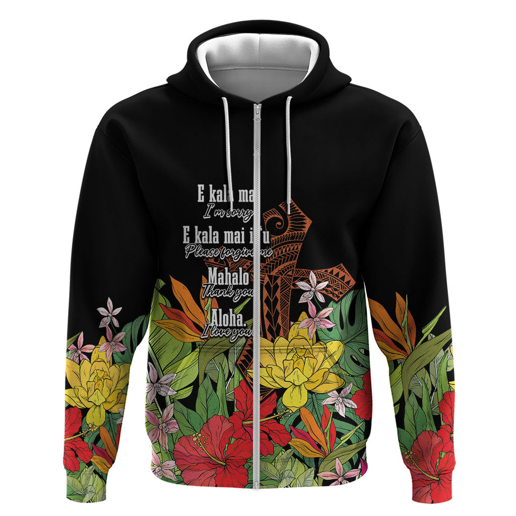 Mahalo Hawaii Ho'oponopono Pule Zip Hoodie Polynesian Pattern Cross