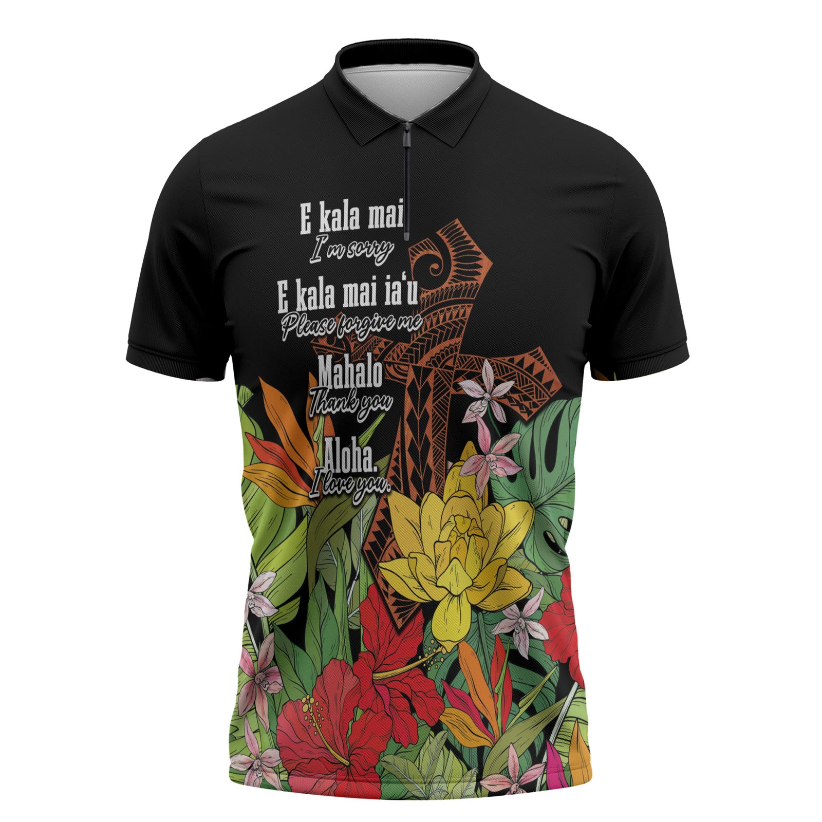 Mahalo Hawaii Ho'oponopono Pule Zipper Polo Shirt Polynesian Pattern Cross