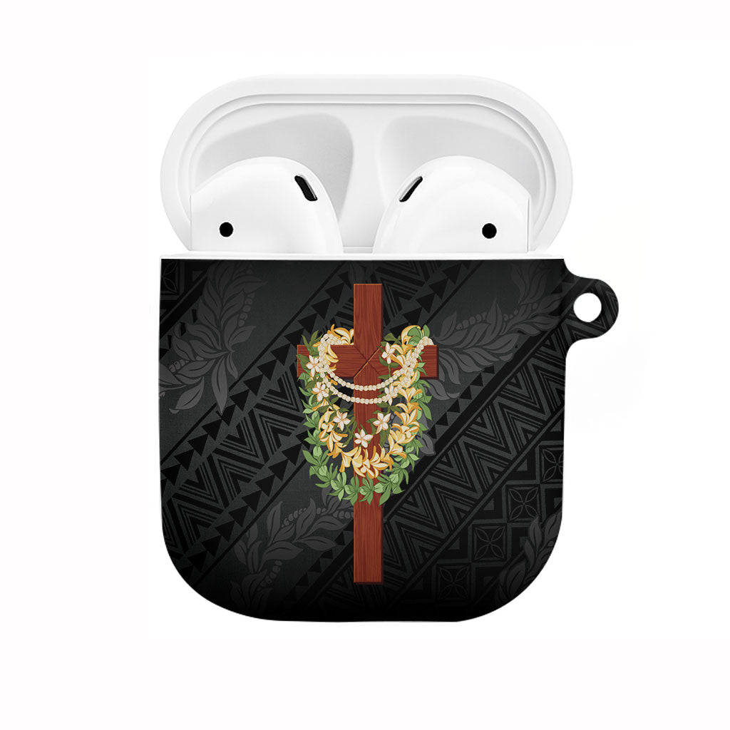 Hawaii ⁠Ka Pule a ka Haku Memorial AirPods Case Flower Lei Cross - Black