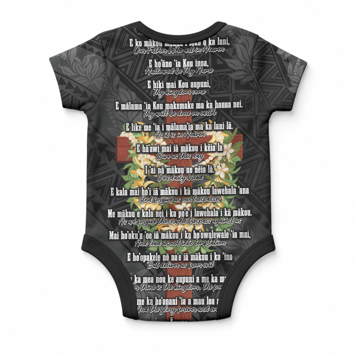 Hawaii ⁠Ka Pule a ka Haku Memorial Baby Onesie Flower Lei Cross - Black