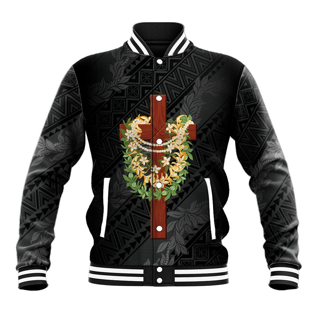 Hawaii ⁠Ka Pule a ka Haku Memorial Baseball Jacket Flower Lei Cross - Black