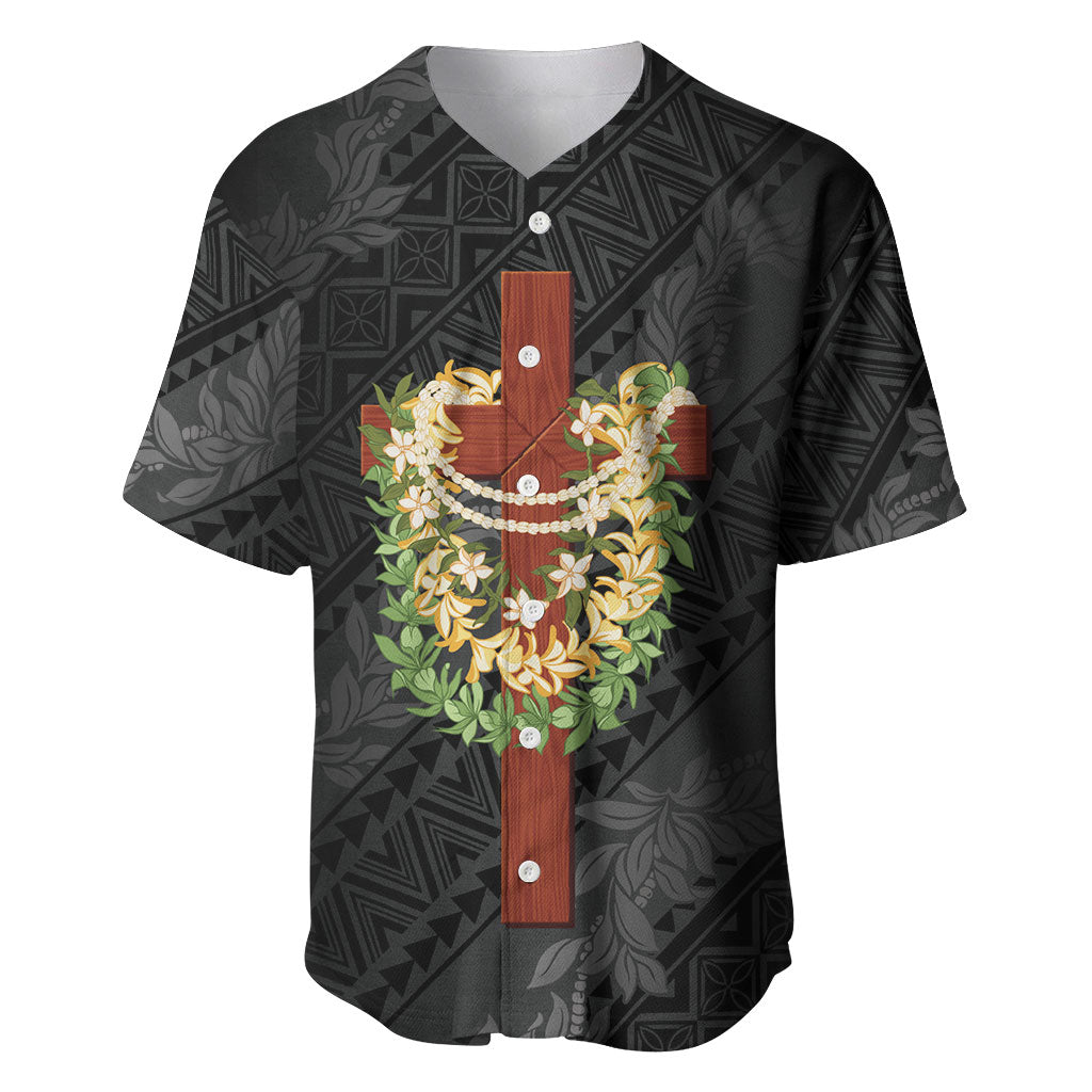 Hawaii ⁠Ka Pule a ka Haku Memorial Baseball Jersey Flower Lei Cross - Black