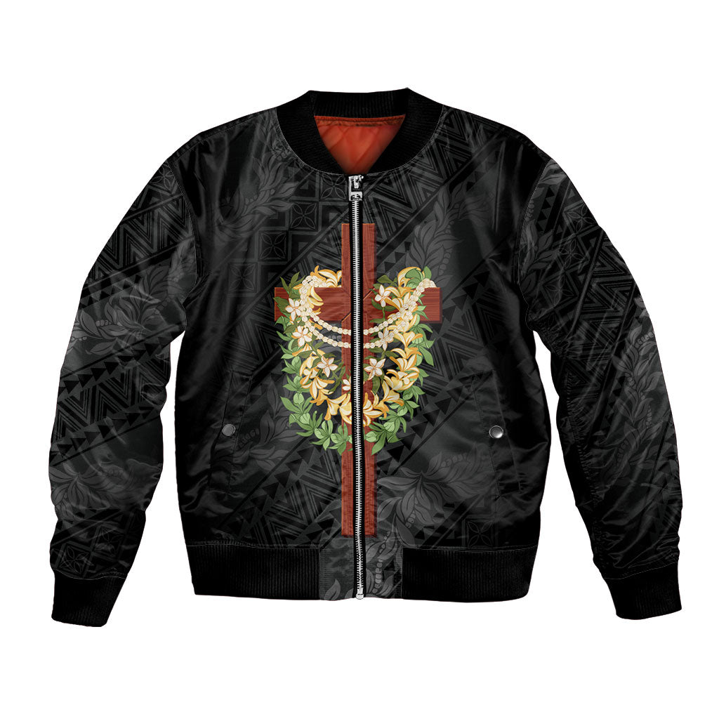 Hawaii ⁠Ka Pule a ka Haku Memorial Bomber Jacket Flower Lei Cross - Black