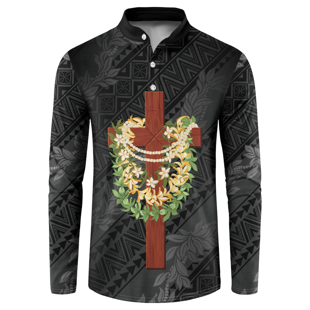 Hawaii ⁠Ka Pule a ka Haku Memorial Button Sweatshirt Flower Lei Cross - Black