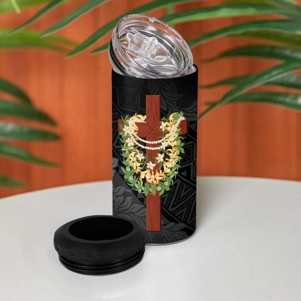 Hawaii ⁠Ka Pule a ka Haku Memorial 4 in 1 Can Cooler Tumbler Flower Lei Cross - Black