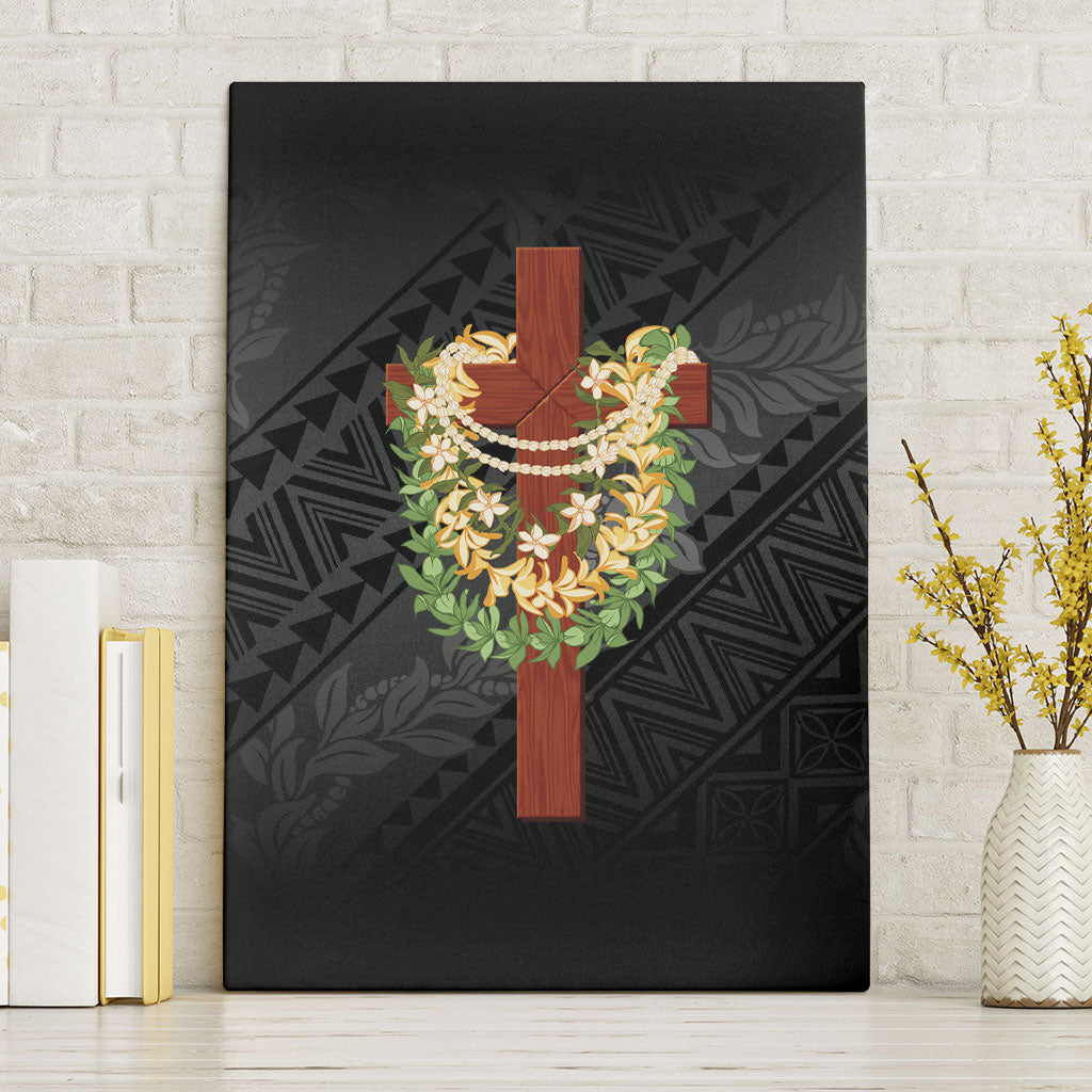 Hawaii ⁠Ka Pule a ka Haku Memorial Canvas Wall Art Flower Lei Cross - Black