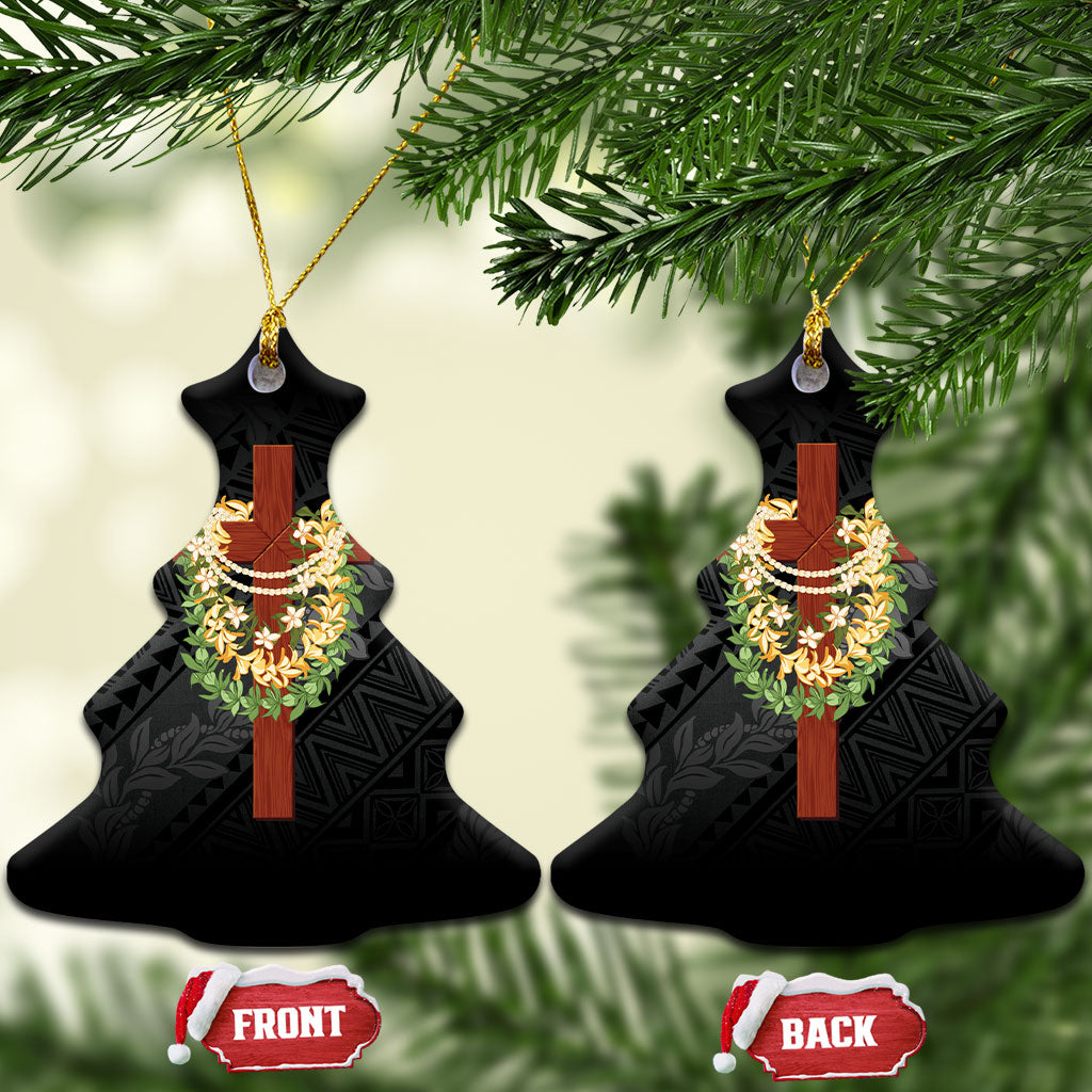 Hawaii ⁠Ka Pule a ka Haku Memorial Ceramic Ornament Flower Lei Cross - Black