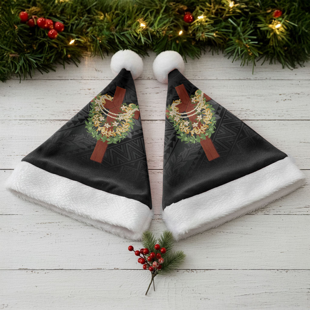 Hawaii ⁠Ka Pule a ka Haku Memorial Christmas Santa Hat Flower Lei Cross - Black